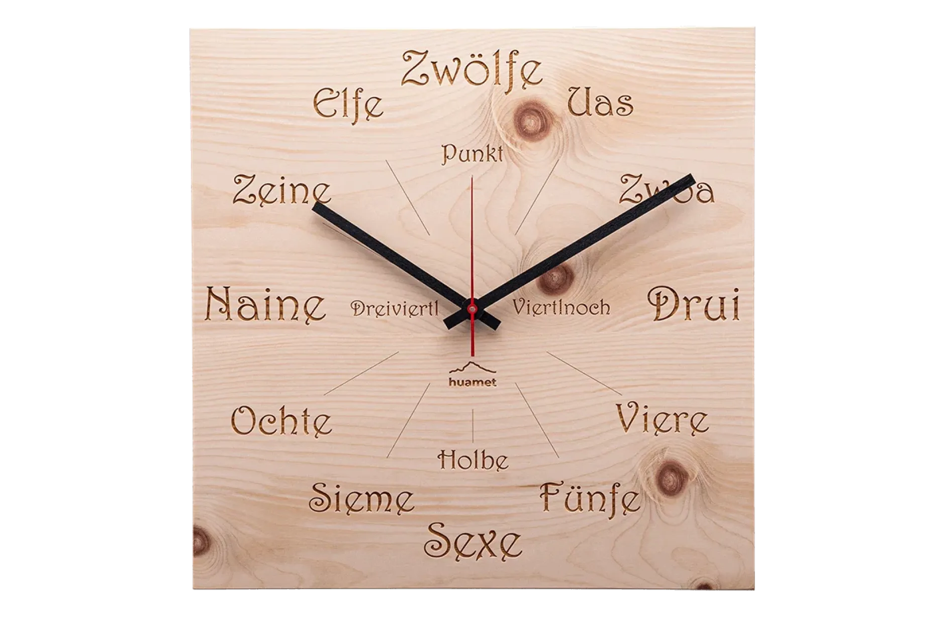 Design Wanduhr 'Uhrform Zirbe eckig'