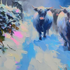 Handgemaltes Gemälde 'Kühe im Schnee' | Echtheitszertifikat inklusive