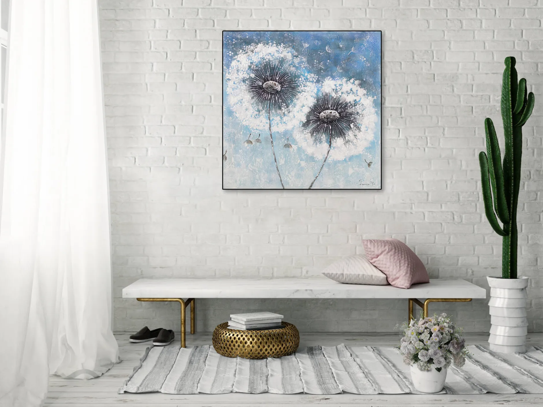 Handgemaltes Gemälde 'Pompon Flowers' 80x80cm | inkl. Echtheitszertifikat