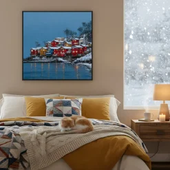 Handgemaltes Gemälde 'Winterdorf am Fjord' | Echtheitszertifikat inklusive