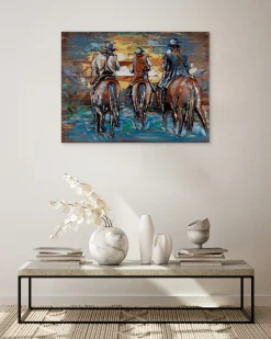 Holzbild 3D 'Cowboys Ride at Sunset' 100x75x6cm