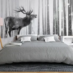 Selbstklebende Tapete 'Deer in the Snow (Black and White)'