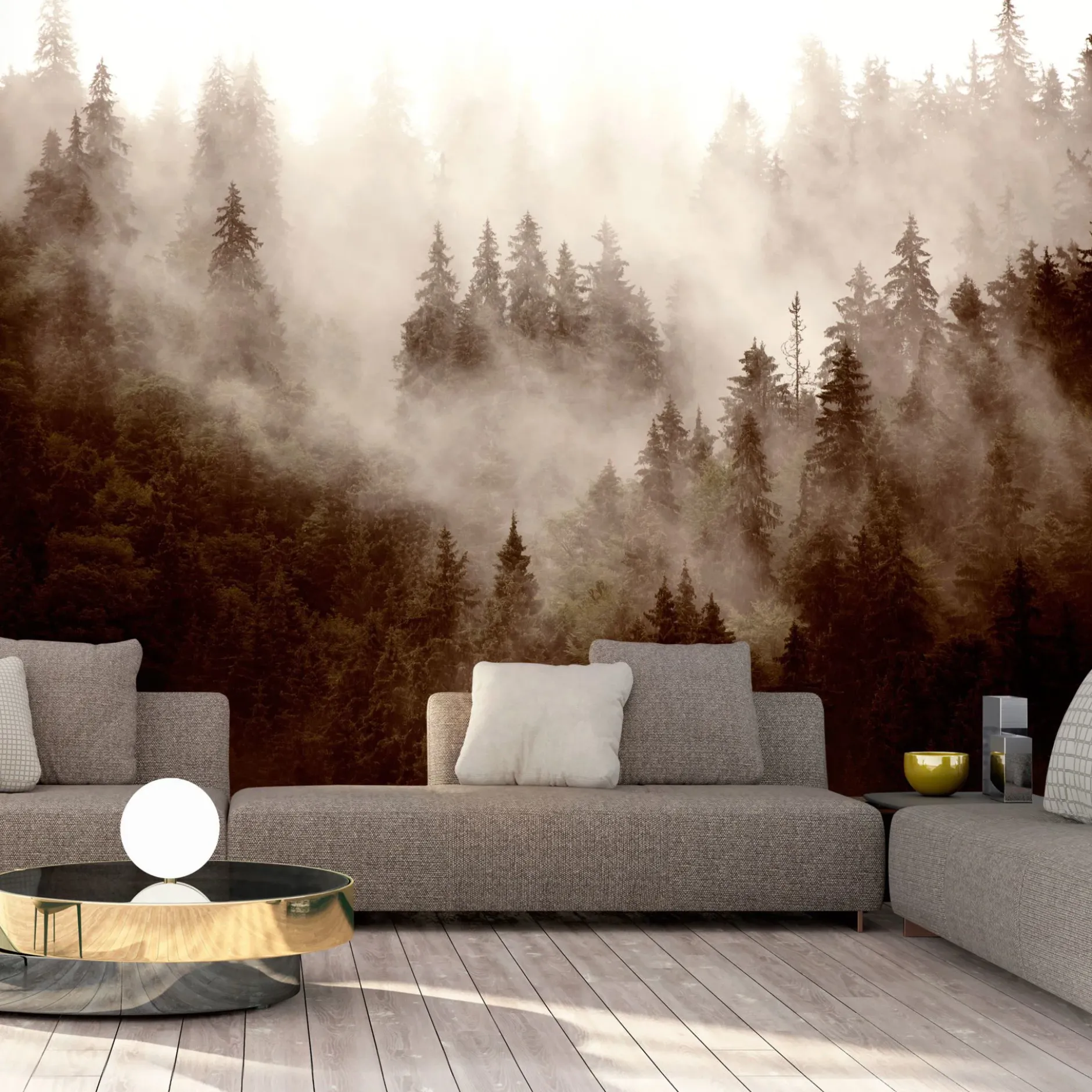 Selbstklebende Tapete 'Mountain Forest (Sepia)'