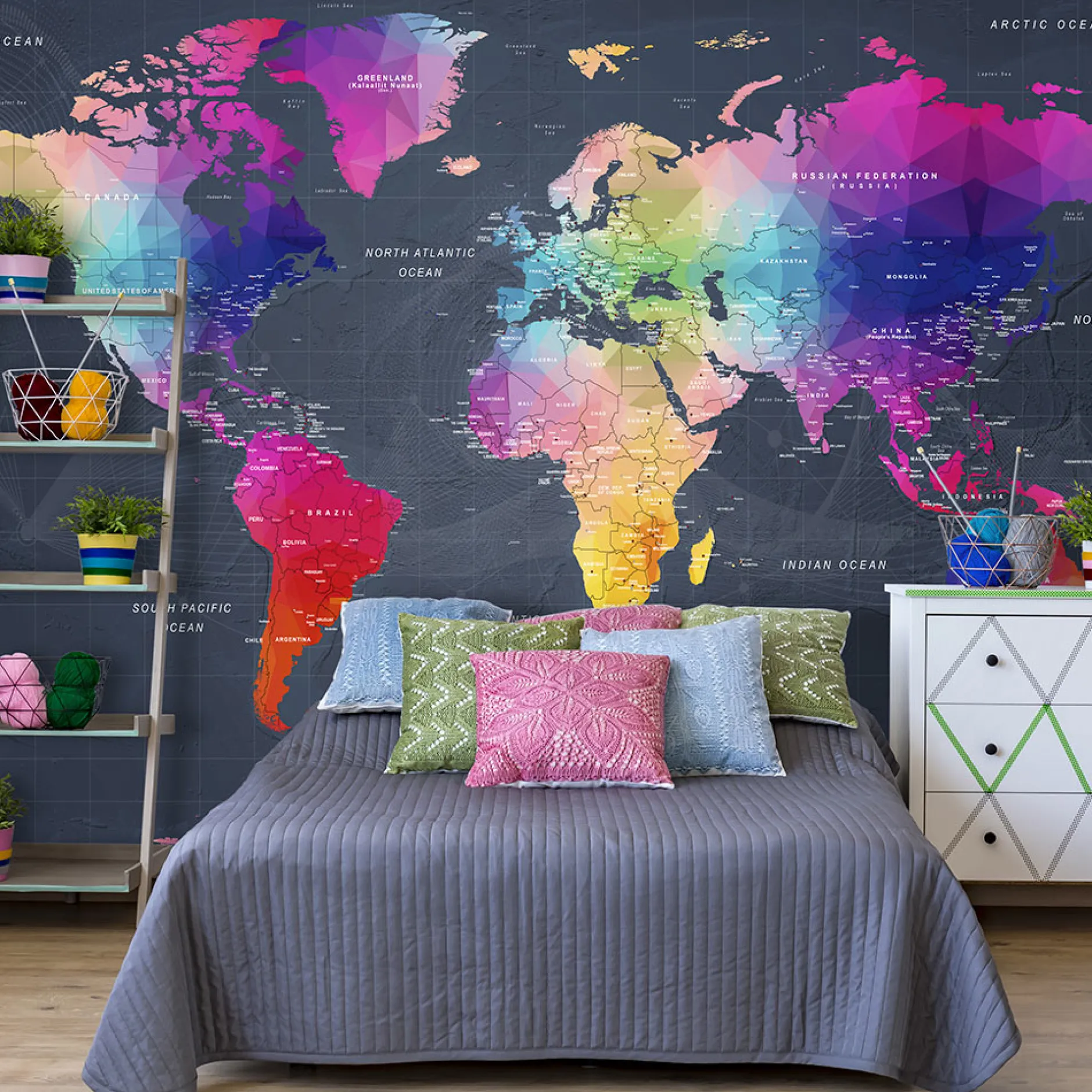 Tapete 'World Map: Colourful Crystals'